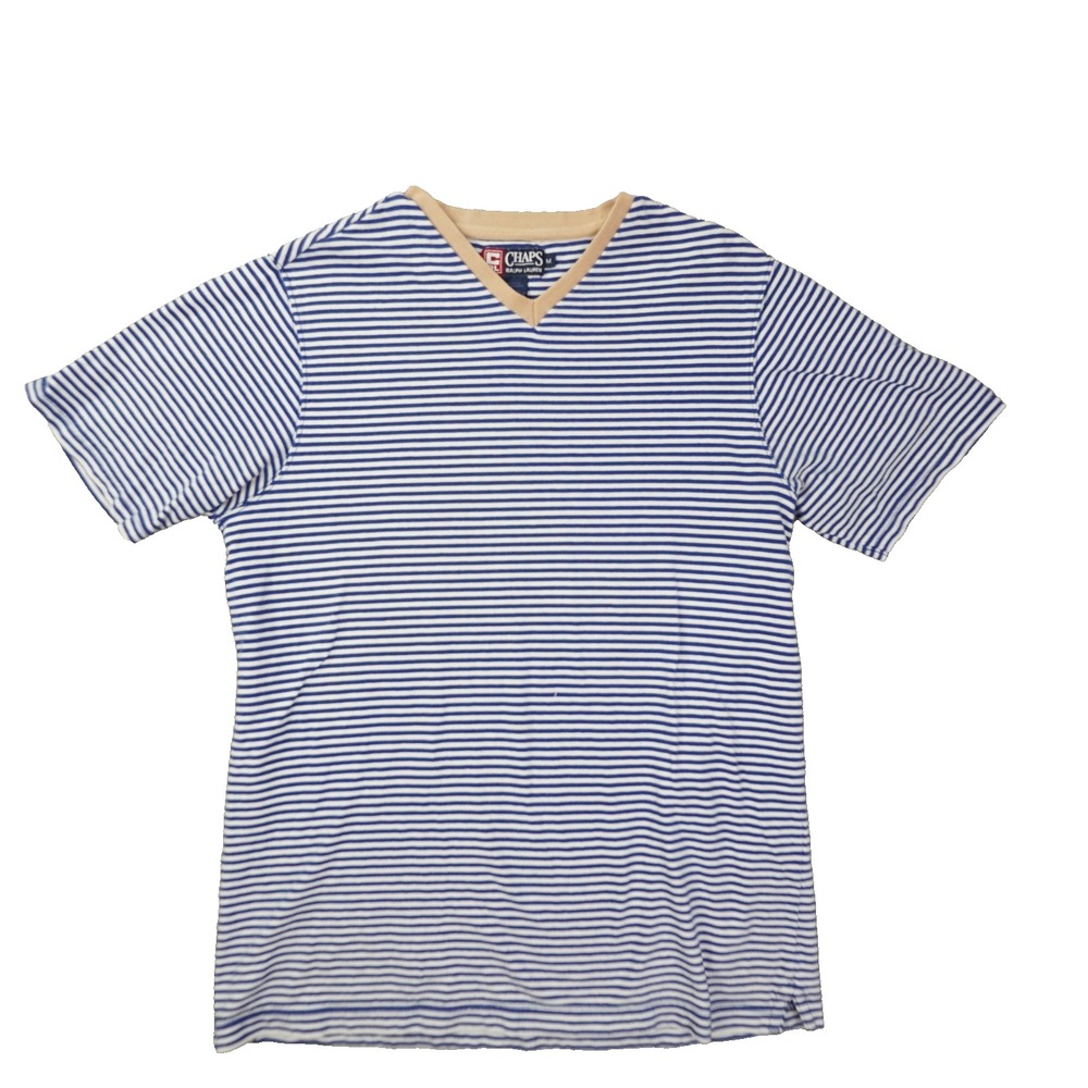 Chaps Ralph Lauren V Neck T Shirt Men's Medium Vintage Blue White Stripe 90s